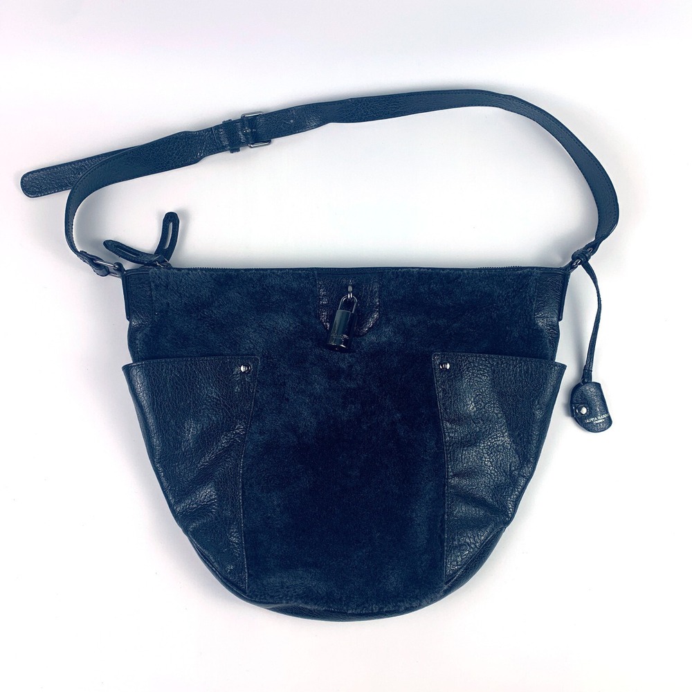 Olivia Harris Tribeca Black Fur & Leather Shoulder Bag Hobo Lock & Keys Detail
